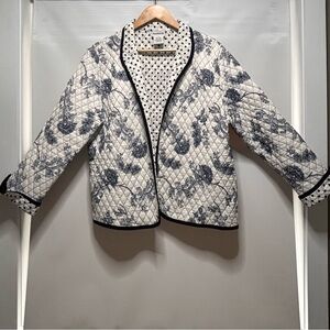 BonWorth Quilted Jacket Blue White Floral Polka Dot Tapestry Women L Petite EUC